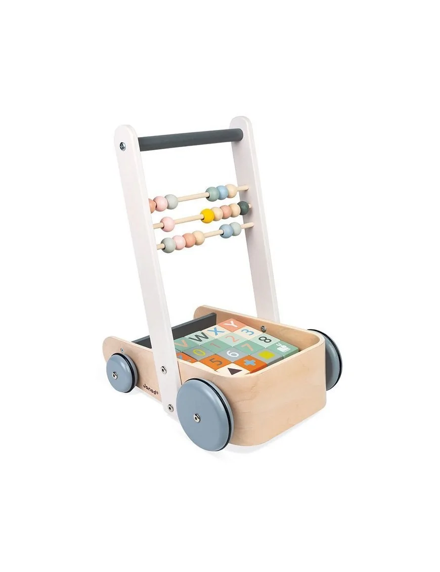 Janod, Wózek pchacz drewniany z 20 klockami Sweet Cocoon