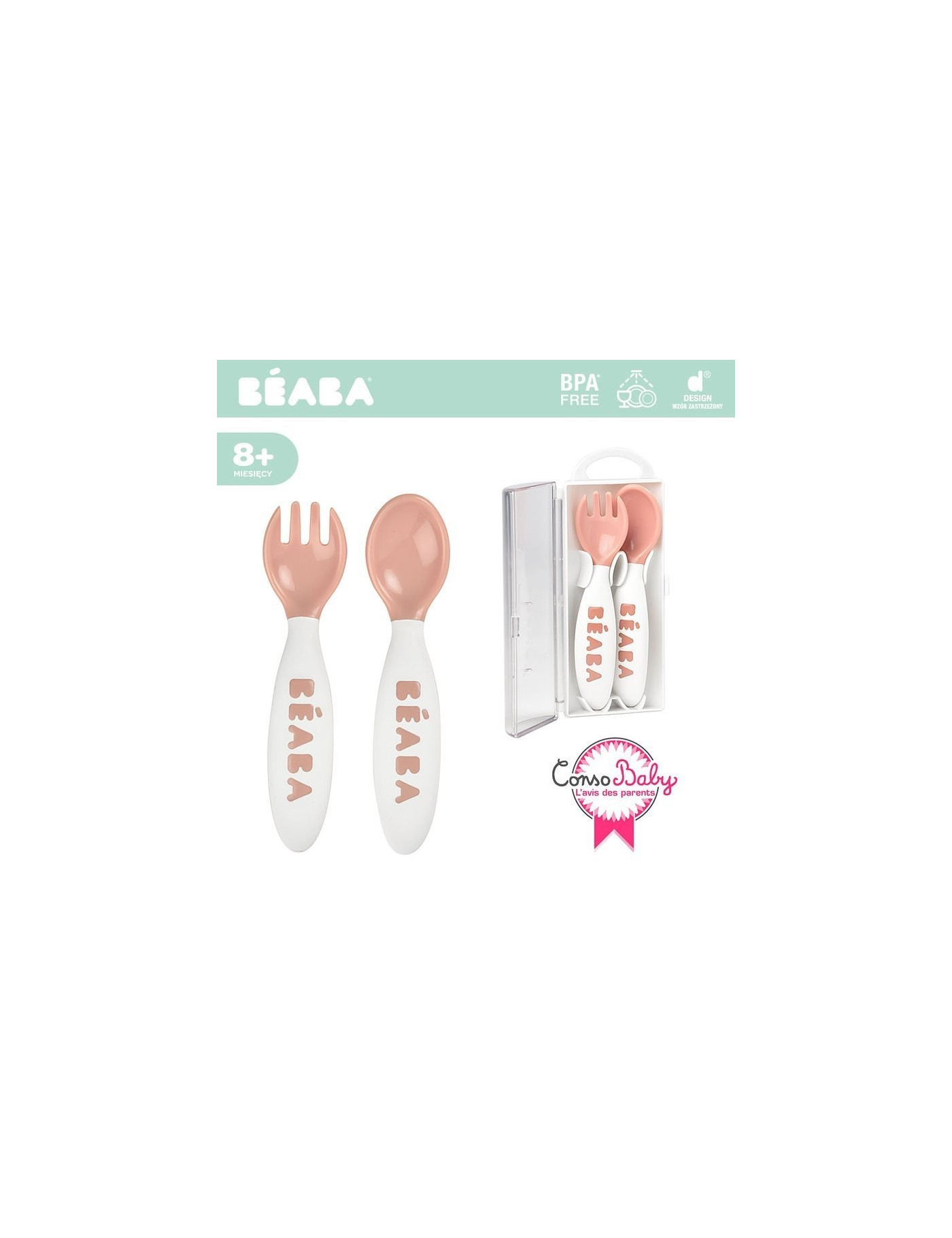 Beaba Sztućce plastikowe w etui nude