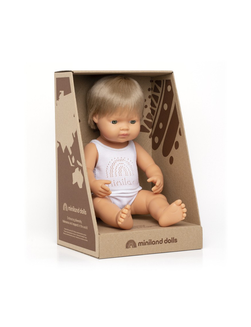Lalka chłopiec Europejczyk, Ciemny Blond, 38 cm Miniland Doll NEW