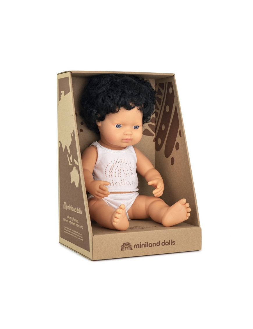 Lalka chłopiec Europejczyk, Czarne Kręcone Włosy, 38 cm Miniland Doll