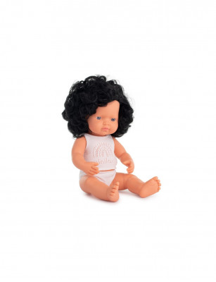 Miniland Lalka dziewczynka Europejka, Czarne Kręcone Włosy, 38 cm
