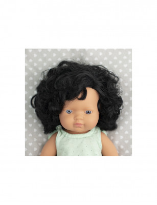 Miniland Lalka dziewczynka Europejka, Czarne Kręcone Włosy, 38 cm