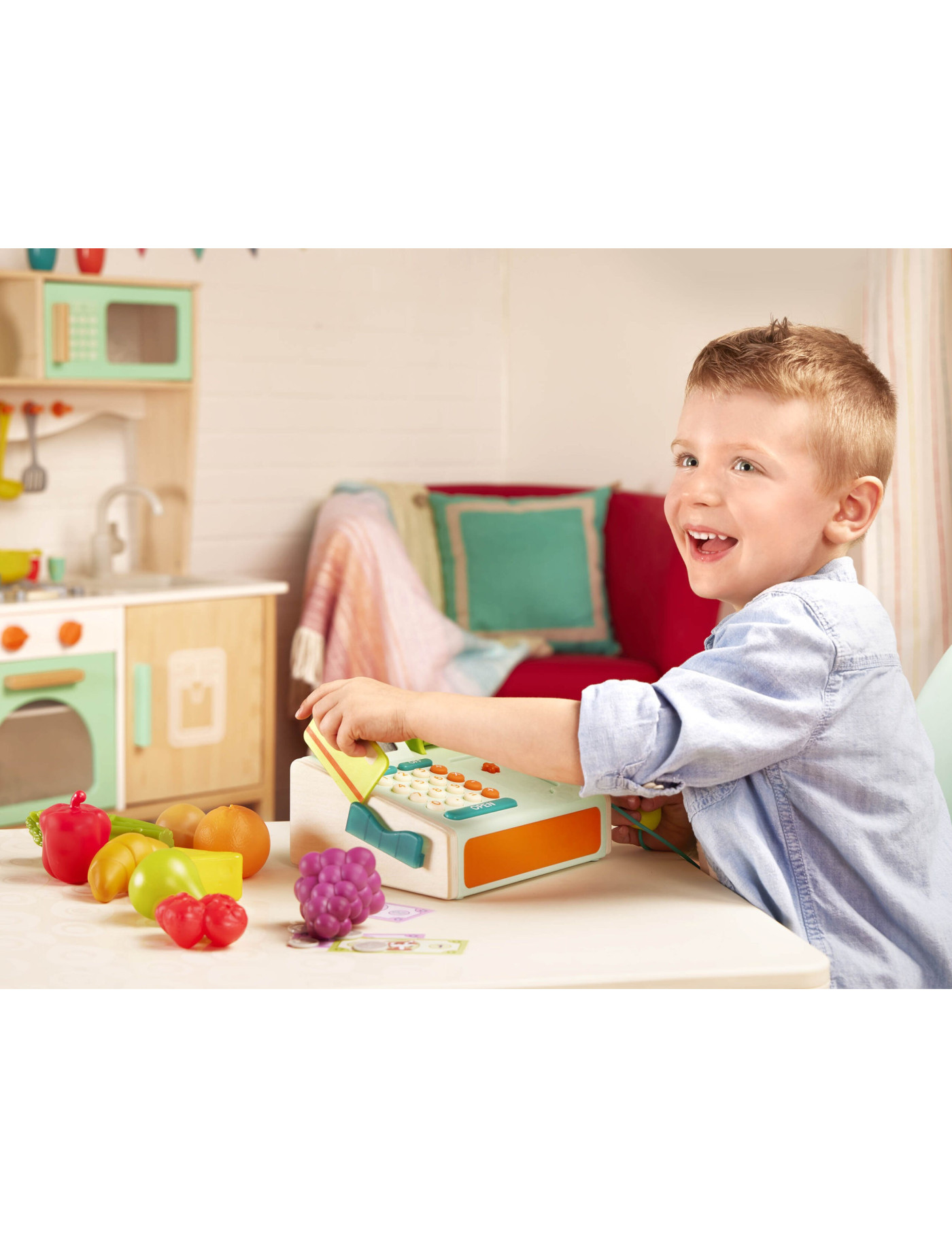 B. Toys Mini Cashier Playset – KASA FISKALNA ze skanerem i czytnikiem kart płatniczych