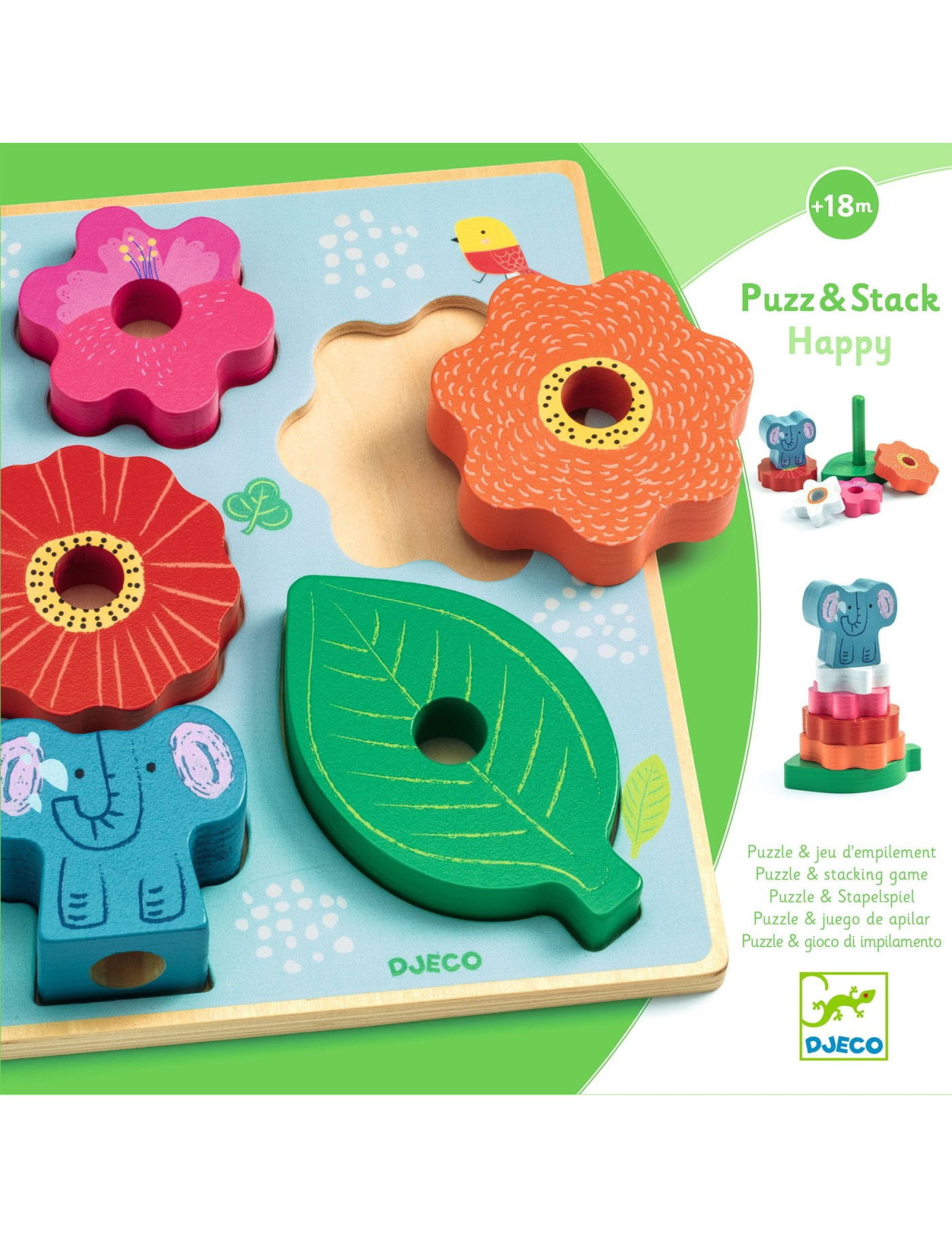 Układanka drewniana 2 w1 PUZZ & STACK HAPPY, Djeco Układanka drewniana 2 w1 PUZZ & STACK HAPPY, Djeco