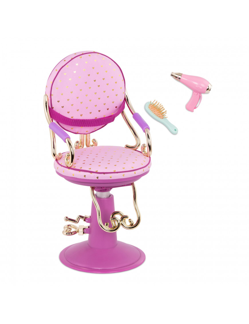 Krzesło fryzjerskie z akcesoriami – wersja różowa/lila w złote serduszka – SITTING PRETTY SALON CHAIR, Our Generation