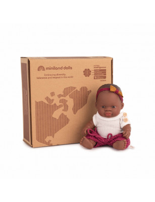 Zestaw upominkowy: Lalka dziewczynka Afrykanka 21 cm + Ubranko Miniland