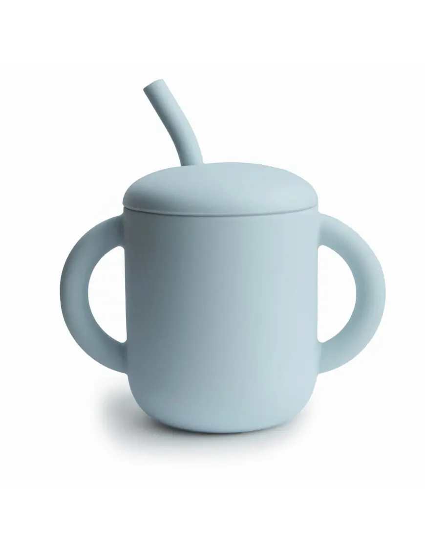 Silikonowy treningowy kubek ze słomką Powder Blue, Mushie