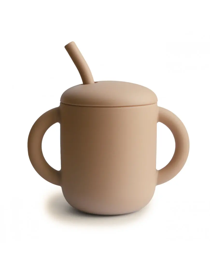 Silikonowy treningowy kubek ze słomką Natural, Mushie