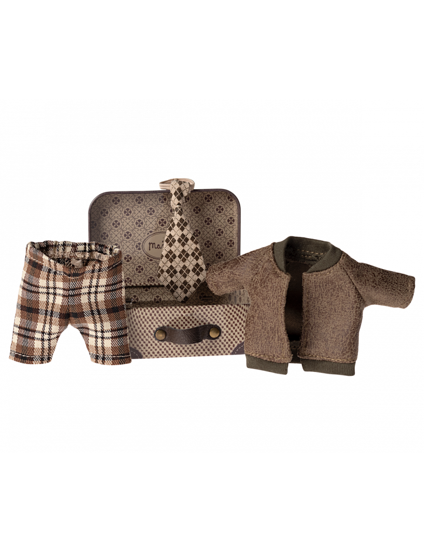 Ubranko myszki Maileg - Jacket, pants and tie in suitcase, Grandpa mouse