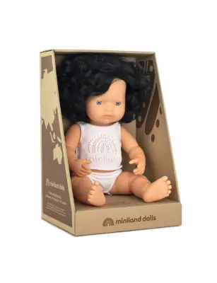 Miniland Lalka dziewczynka Europejka, Czarne Kręcone Włosy, 38 cm