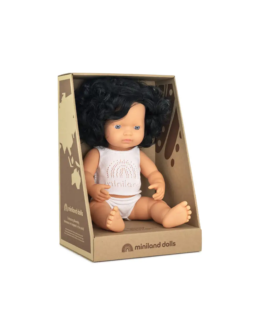 Miniland Lalka dziewczynka Europejka, Czarne Kręcone Włosy, 38 cm