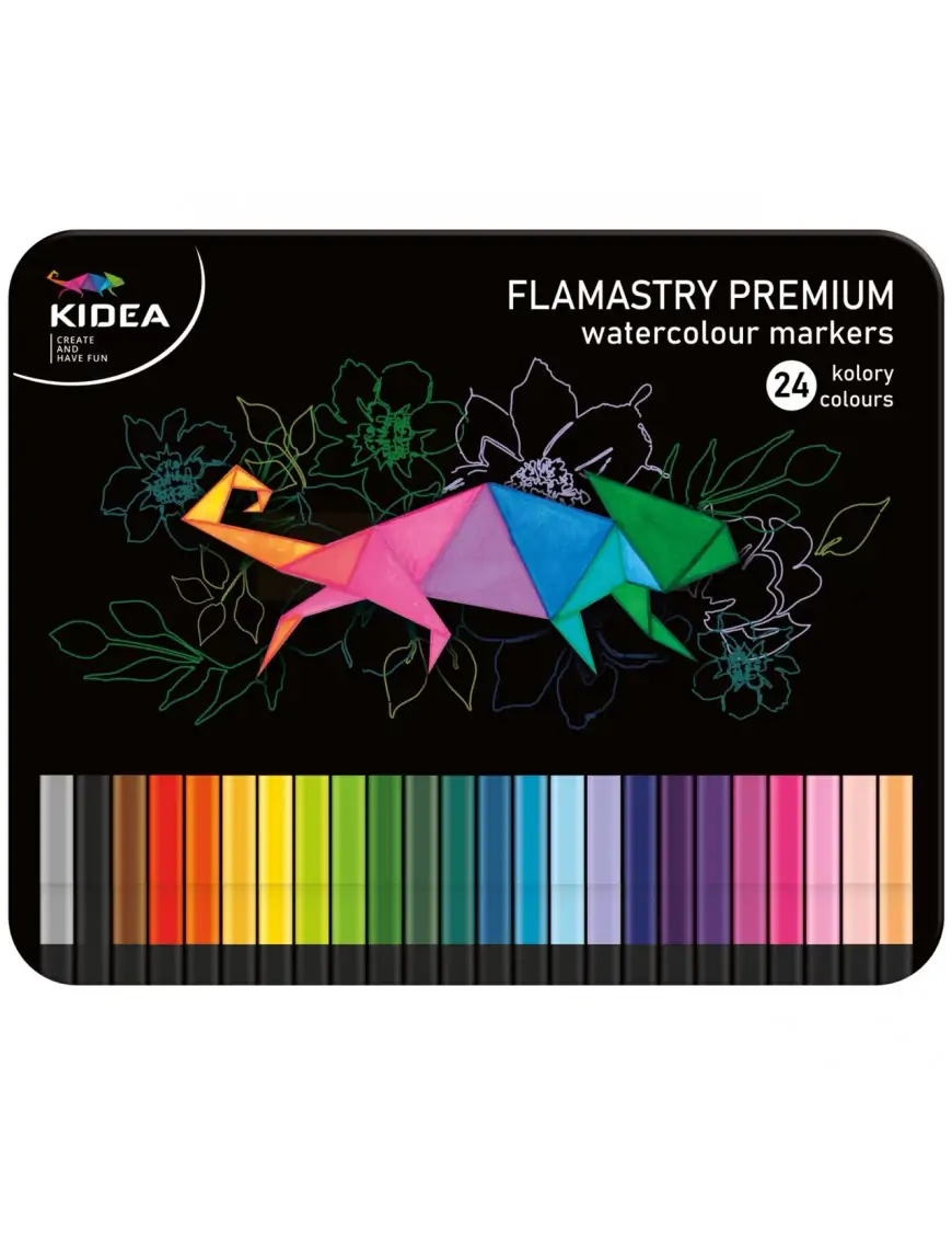 Flamastry kwadratowe w metalowym pudłeku 24 kolory KIDEA