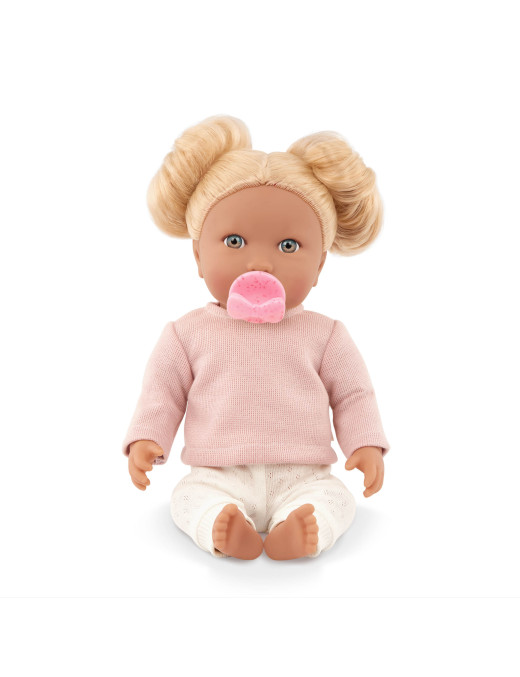 Lalka NIEMOWLĘ z WŁOSAMI, ze smoczkiem, w dwuczęściowym ubranku LullaBaby