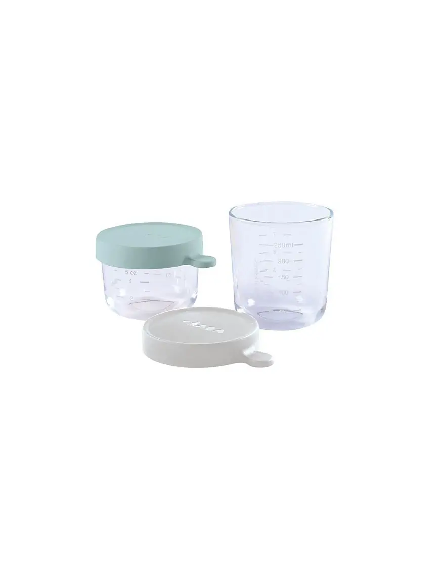 BEABA Zestaw pojemników słoiczków szklanych z hermetycznym zamknięciem 150 + 250 ml airy green i light mist