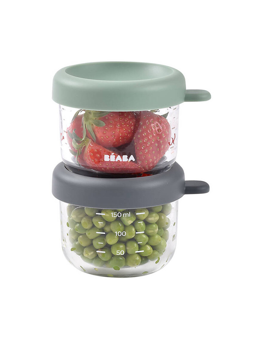 Beaba Zestaw pojemników słoiczków szklanych z zamknięciem 2 x 150 ml Mineral/Sage green
