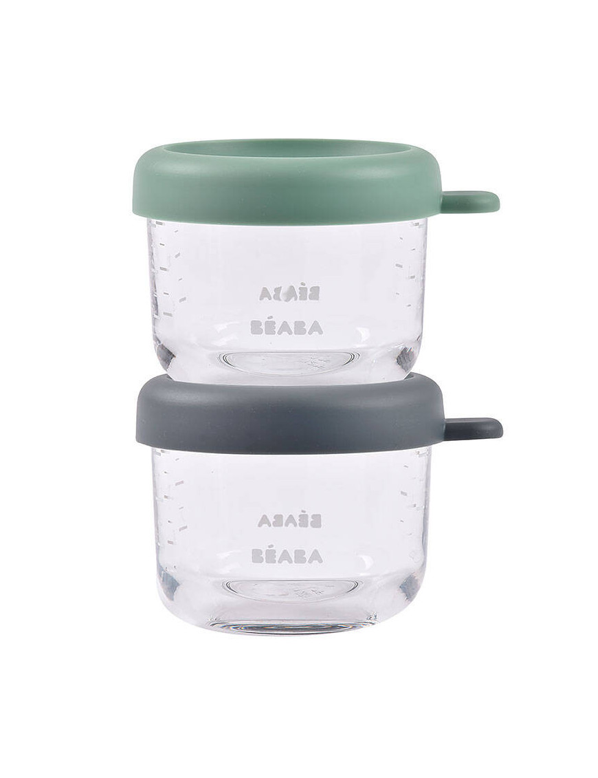 Beaba Zestaw pojemników słoiczków szklanych z zamknięciem 2 x 150 ml Mineral/Sage green