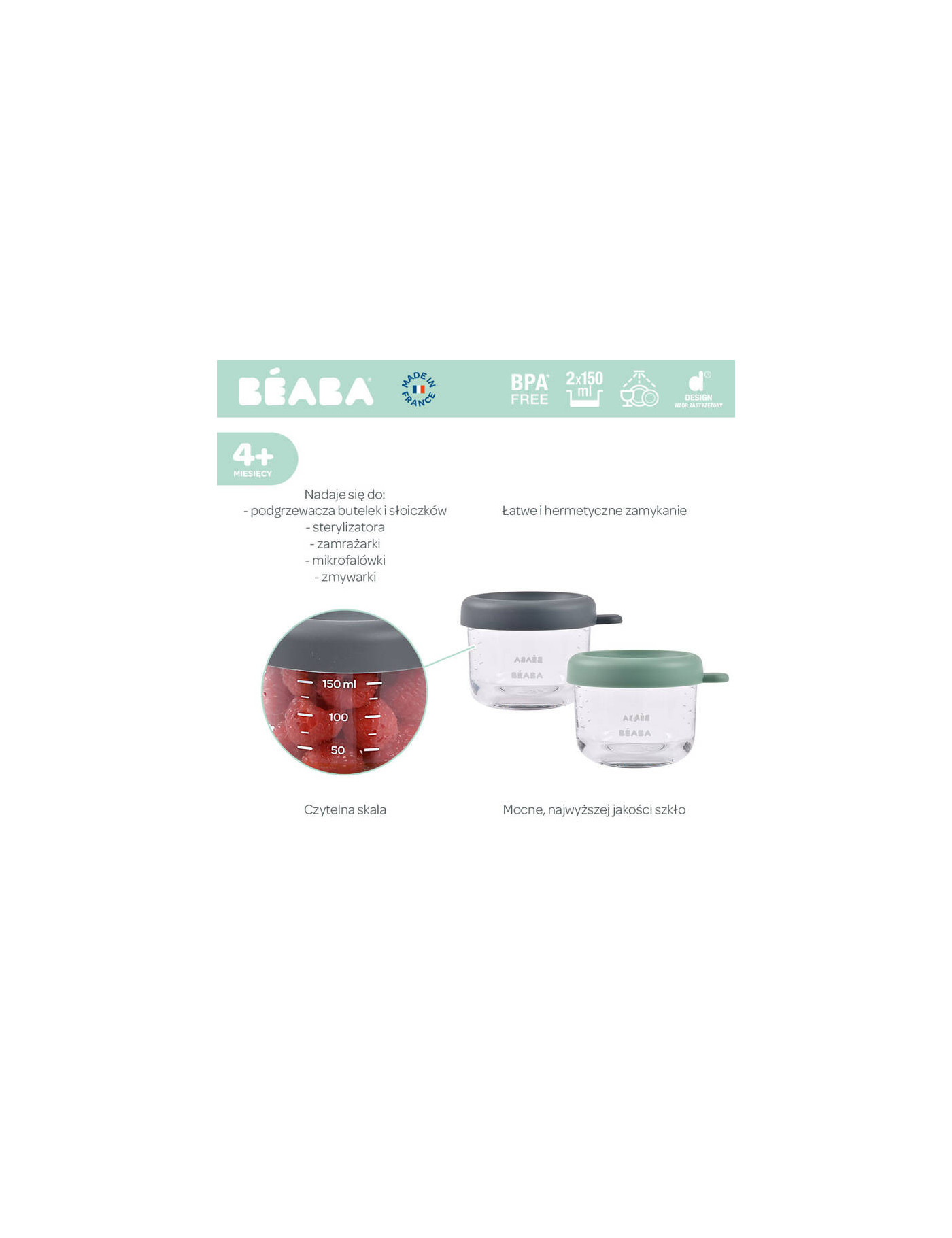 Beaba Zestaw pojemników słoiczków szklanych z zamknięciem 2 x 150 ml Mineral/Sage green