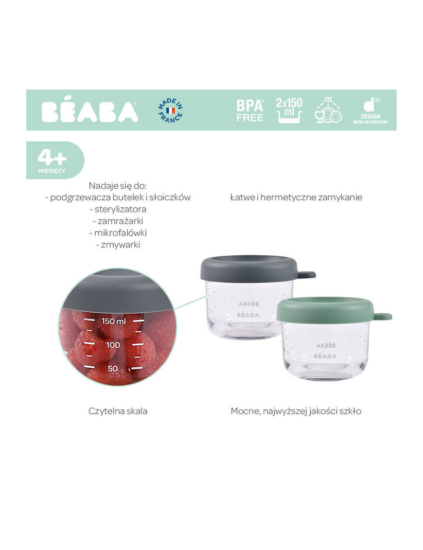 Beaba Zestaw pojemników słoiczków szklanych z zamknięciem 2 x 150 ml Mineral/Sage green