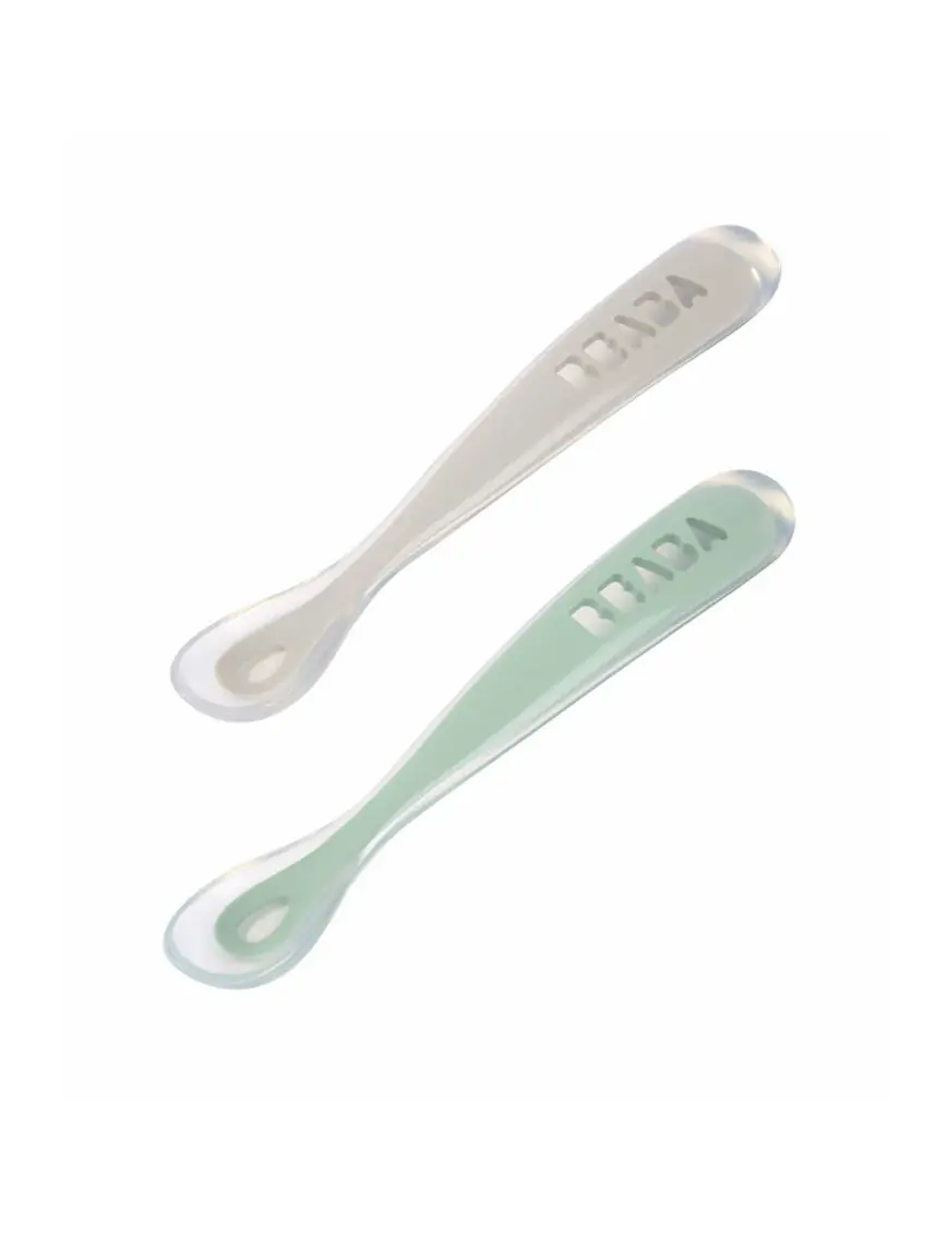 Beaba Zestaw 2 łyżeczek silikonowych w podróżnym etui 4 m+ Sage Green