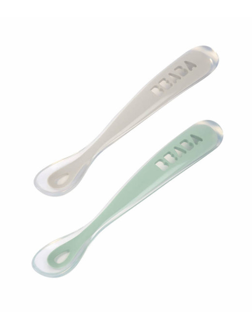 Beaba Zestaw 2 łyżeczek silikonowych w podróżnym etui 4 m+ Sage Green