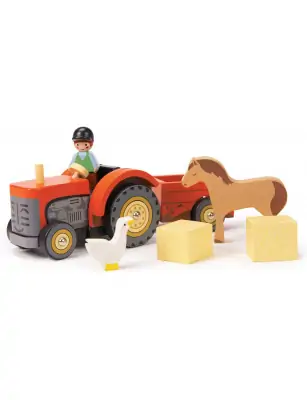 Drewniany traktor z przyczepą i akcesoriami, Tender Leaf Toys