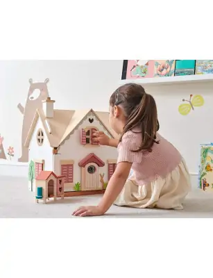 Tender Leaf Toys, Drewniany dwupiętrowy domek dla lalek z wyposażeniem