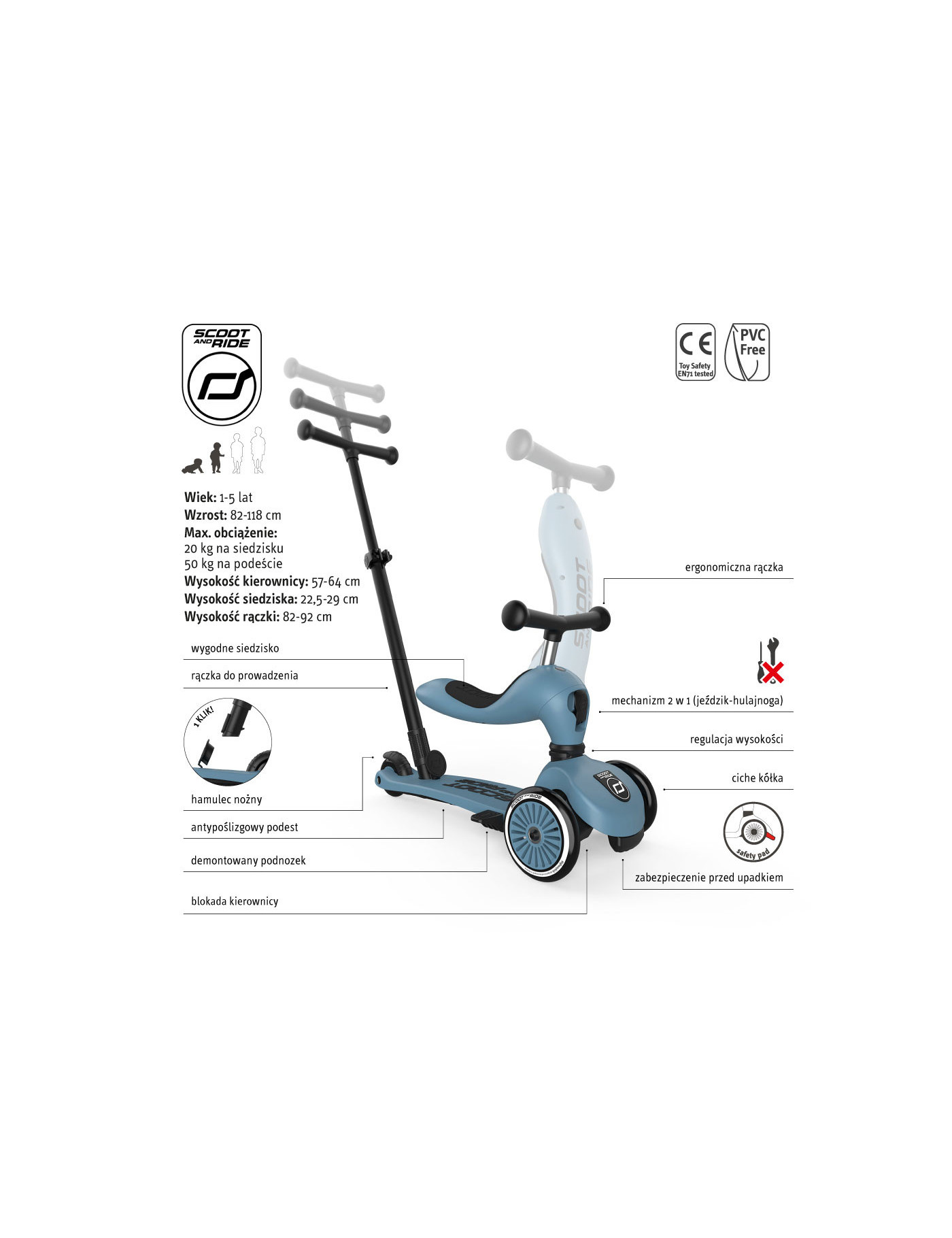 SCOOTANDRIDE Highwaykick 1 Push and Go 2w1 Jeździk i hulajnoga 1-5 lat Steel
