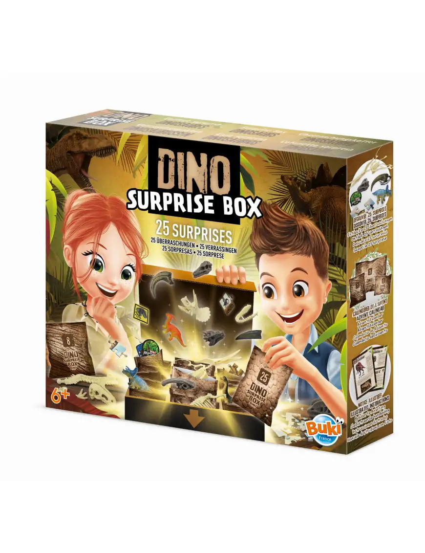 Pudełko 25 niespodzianek z dinozaurami Buki
