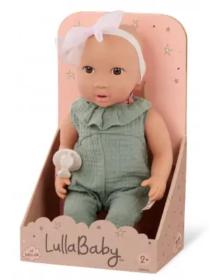 Lalka NIEMOWLĘ ze smoczkiem, w muślinowym ubranku i opasce LullaBaby
