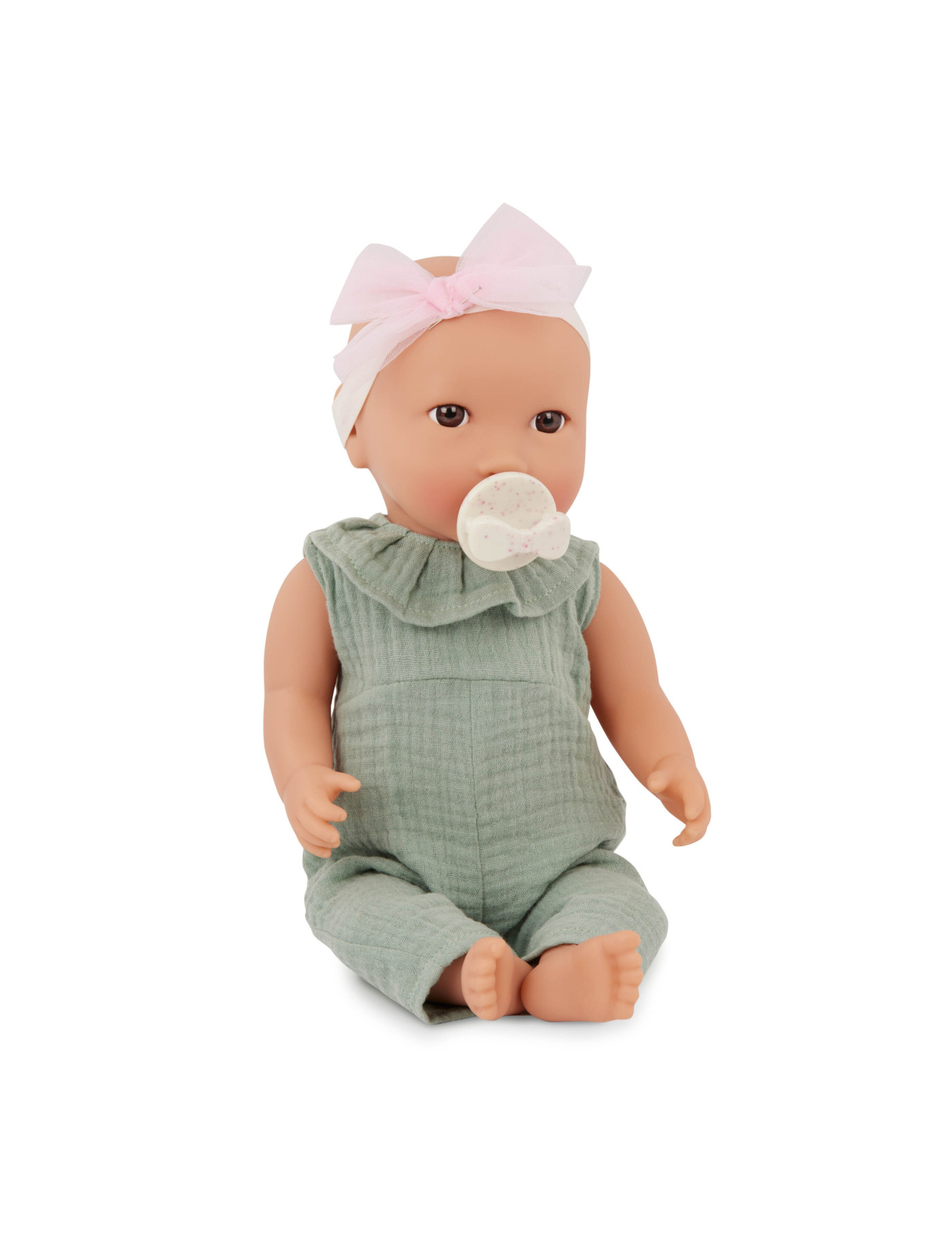 Lalka NIEMOWLĘ ze smoczkiem, w muślinowym ubranku i opasce LullaBaby Lalka NIEMOWLĘ ze smoczkiem, w muślinowym ubranku i opasce LullaBaby