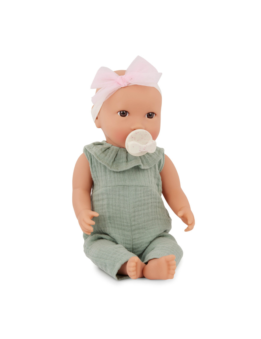 Lalka NIEMOWLĘ ze smoczkiem, w muślinowym ubranku i opasce LullaBaby Lalka NIEMOWLĘ ze smoczkiem, w muślinowym ubranku i opasce LullaBaby