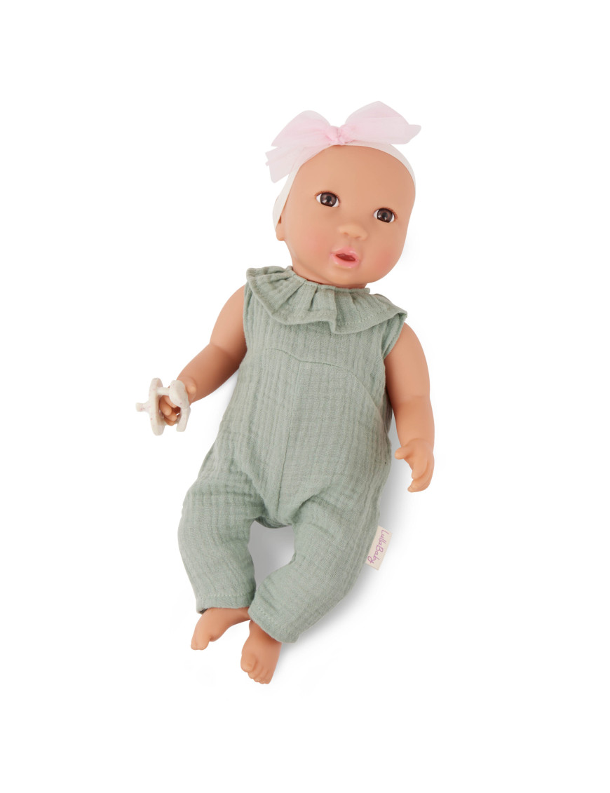 Lalka NIEMOWLĘ ze smoczkiem, w muślinowym ubranku i opasce LullaBaby Lalka NIEMOWLĘ ze smoczkiem, w muślinowym ubranku i opasce LullaBaby