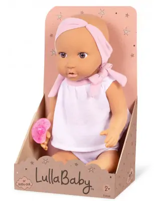 Lalka NIEMOWLĘ ze smoczkiem, w dwuczęściowym ubranku i opasce LullaBaby