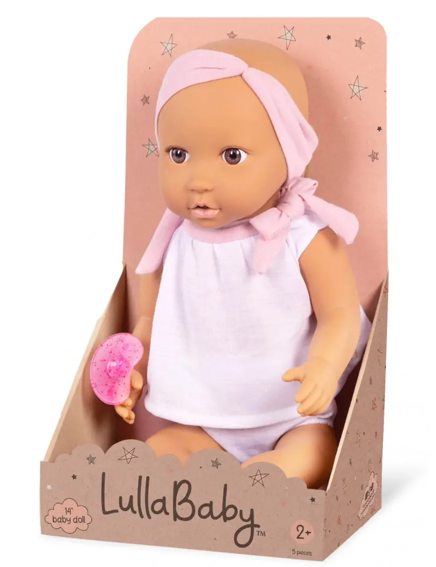 Lalka NIEMOWLĘ ze smoczkiem, w dwuczęściowym ubranku i opasce LullaBaby