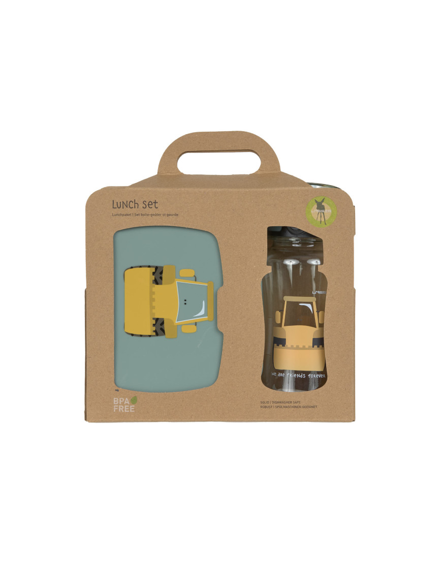 Lassig Zestaw na lunch Lunchbox + Tritanowa butelka - bidon 460 ml Tiny Drivers Spychacz