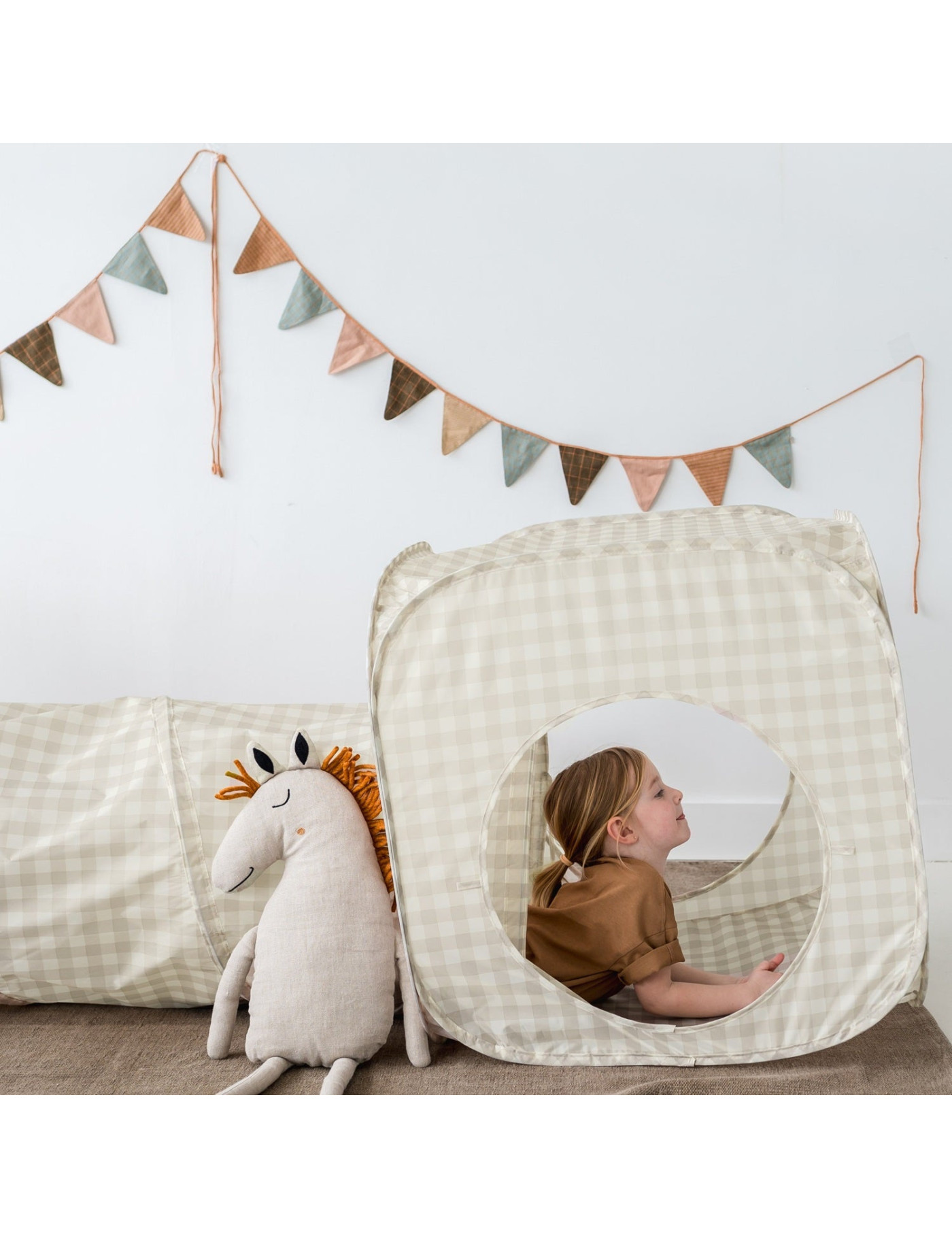 Namiot z tunelem Gingham Beige | 3 Sprouts