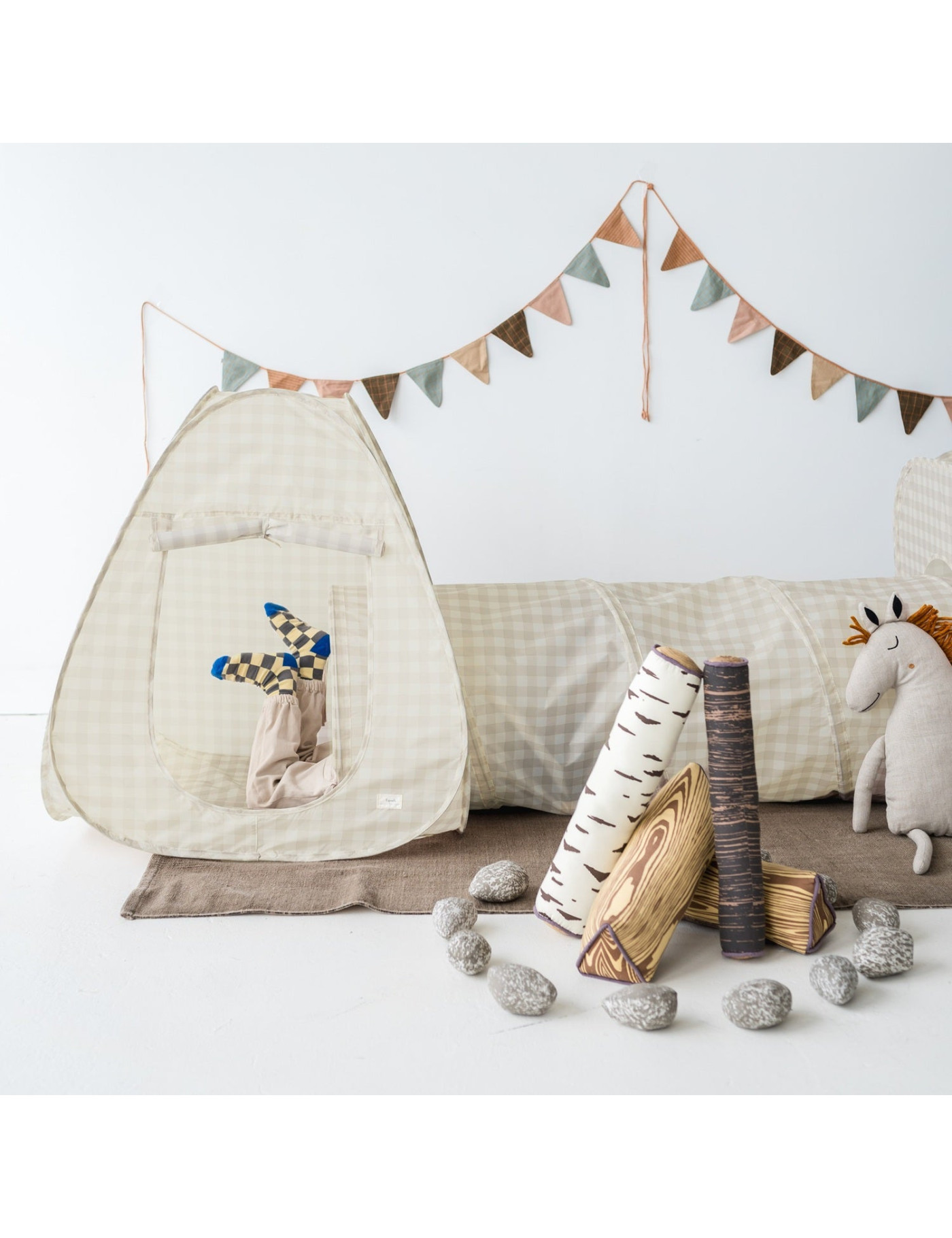Namiot z tunelem Gingham Beige | 3 Sprouts