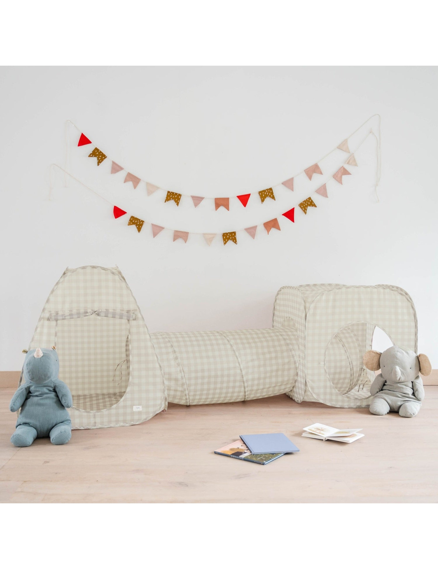Namiot z tunelem Gingham Beige | 3 Sprouts