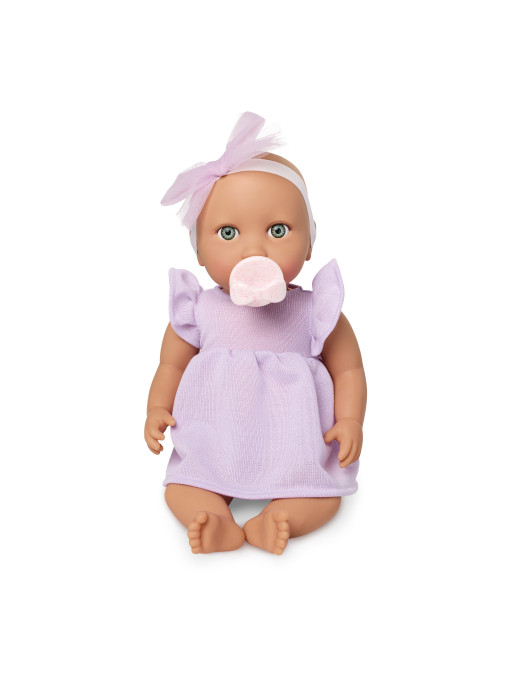 Lalka NIEMOWLĘ ze smoczkiem, w sukience i opasce Lullababy