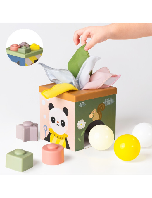 Taf Toys Pojemnik Zabawa i Odkrywanie – sensoryczna kostka edukacyjna 12m+ z chustkami, piłkami i klockami