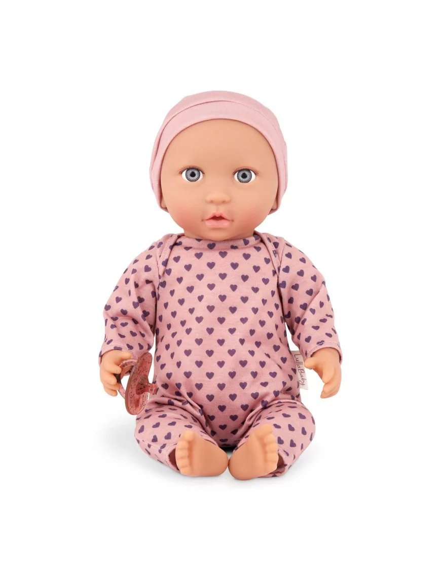 Lalka NIEMOWLĘ ze smoczkiem, w pidżamce w serduszka i czapeczce LullaBaby