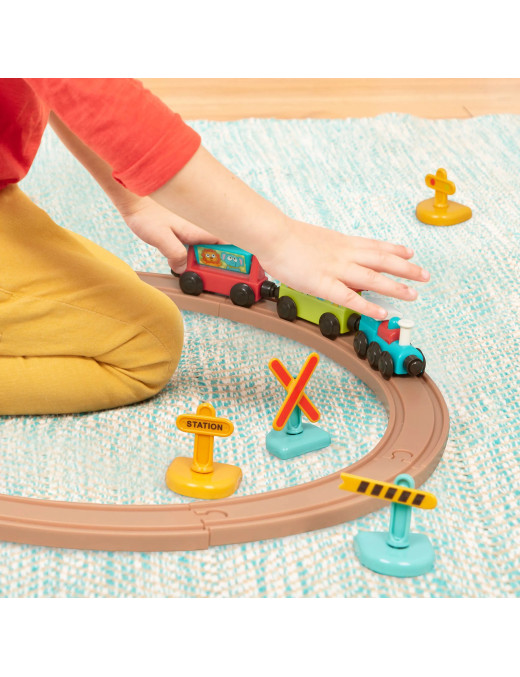 All Aboard – kolejka z torami i znakami 29 el., magnetyczne wagony, zabawka dla dzieci 2+ B.Toys