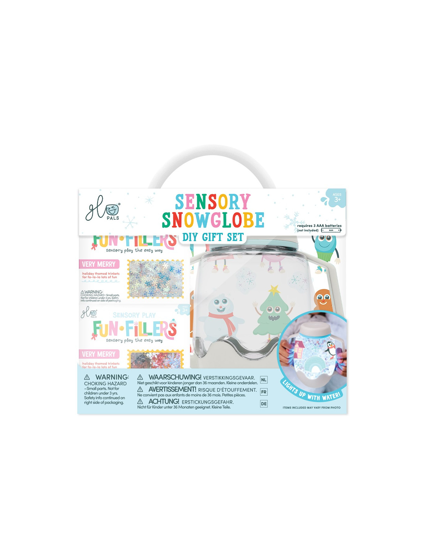 Glo Pals ŚNIEŻNY Zestaw sensoryczny DIY, świecący słoik z brokatami i figurkami Fun Fillers + naklejki gratis ZIMA WINTER
