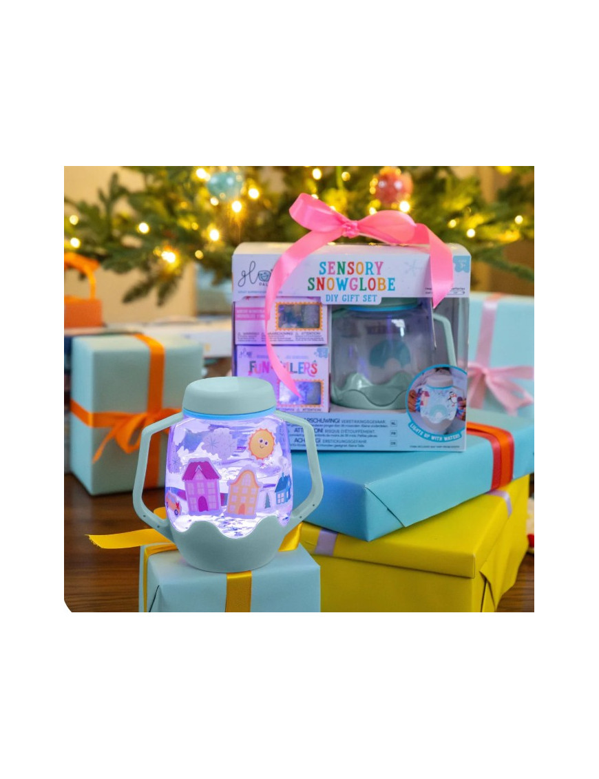 Glo Pals ŚNIEŻNY Zestaw sensoryczny DIY, świecący słoik z brokatami i figurkami Fun Fillers + naklejki gratis ZIMA WINTER