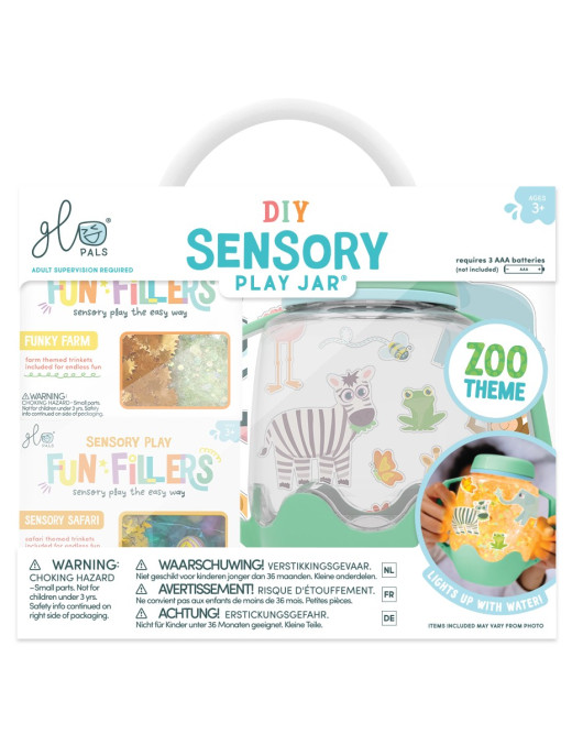 Glo Pals ZOO Zestaw sensoryczny DIY, świecący słoik z brokatami i figurkami Fun Fillers + naklejki gratis