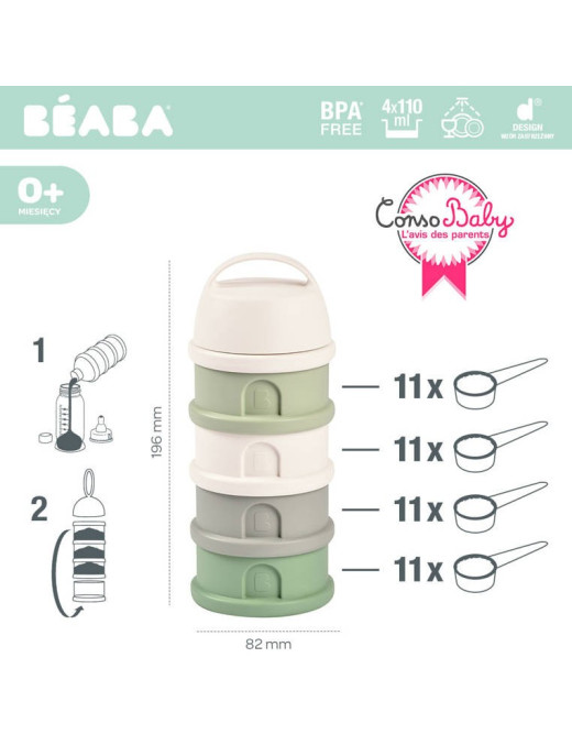 BEABA Pojemniki na mleko w proszku 4 komory cotton white/sage green