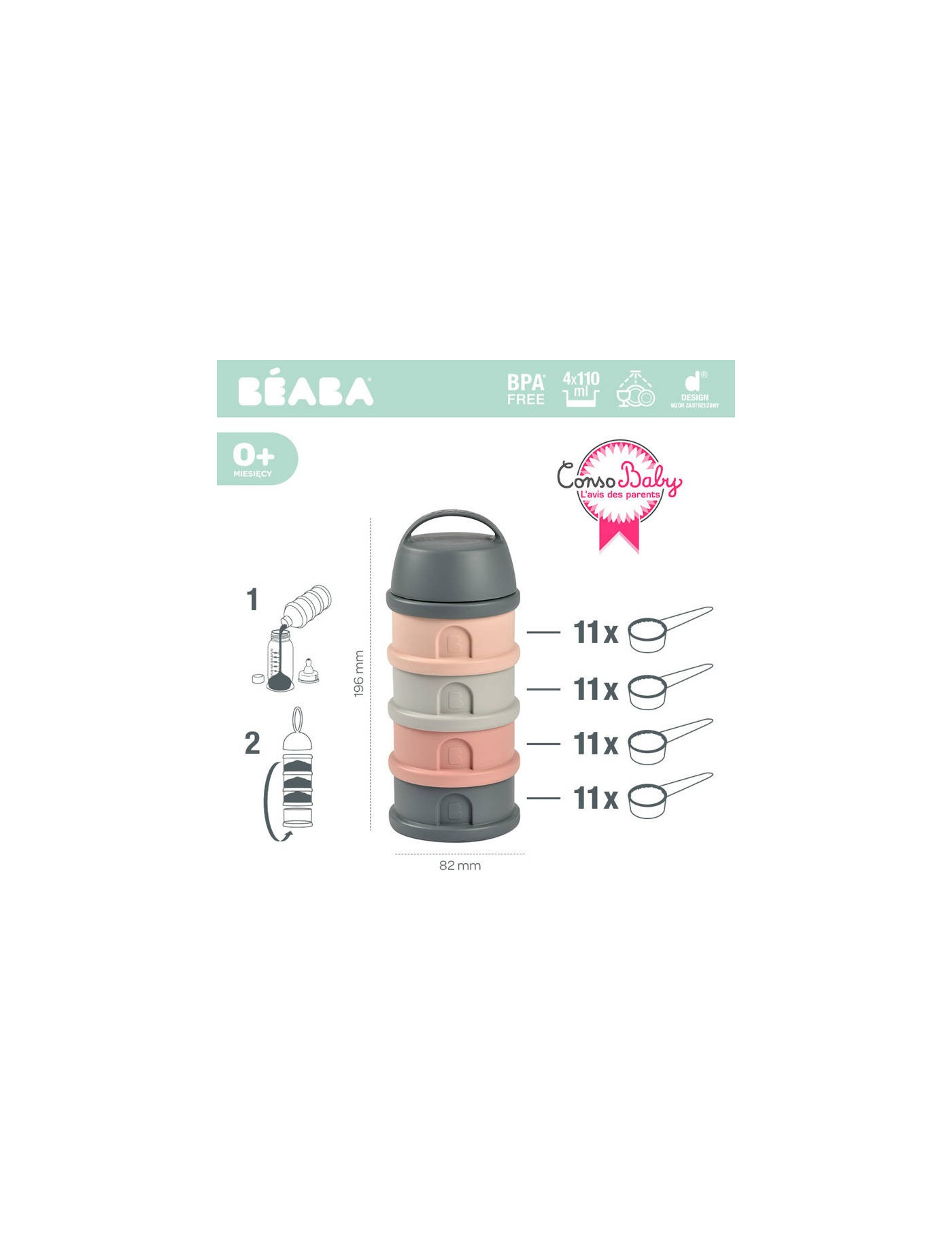 BEABA Pojemniki na mleko w proszku 4 komory mineral grey/pink