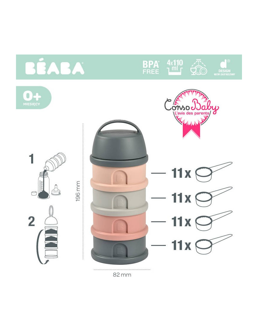 BEABA Pojemniki na mleko w proszku 4 komory mineral grey/pink