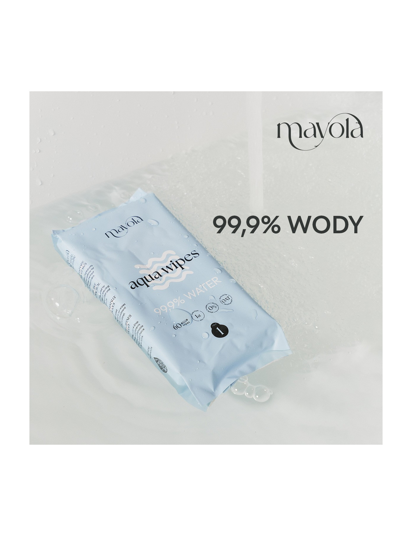 Chusteczki nawilżane, 99,9% wody, biodegradowalne, 60 sztuk MAYOLA
