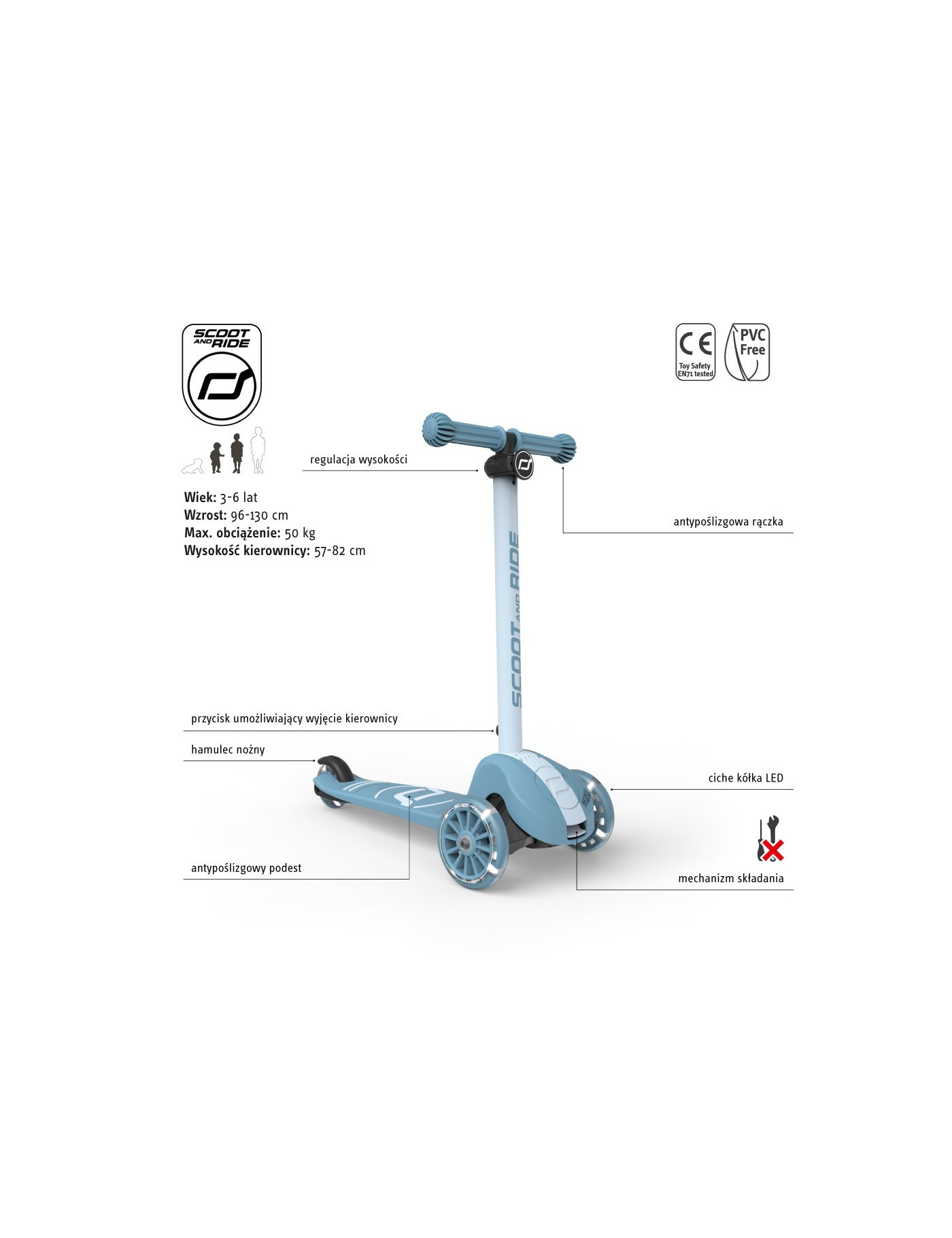 SCOOTANDRIDE Highwaykick 3S Hulajnoga z systemem sterowania 2w1 i kółkami LED składana 3+ Steel